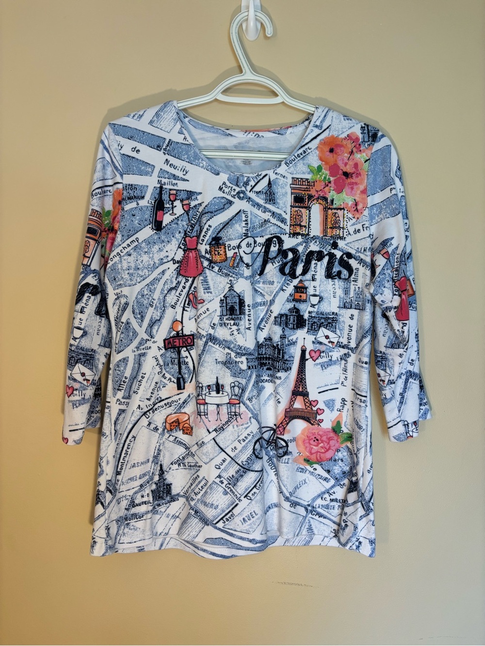 Paris Map Print Long Sleeve Women's Top - White with Pink Floral Accents